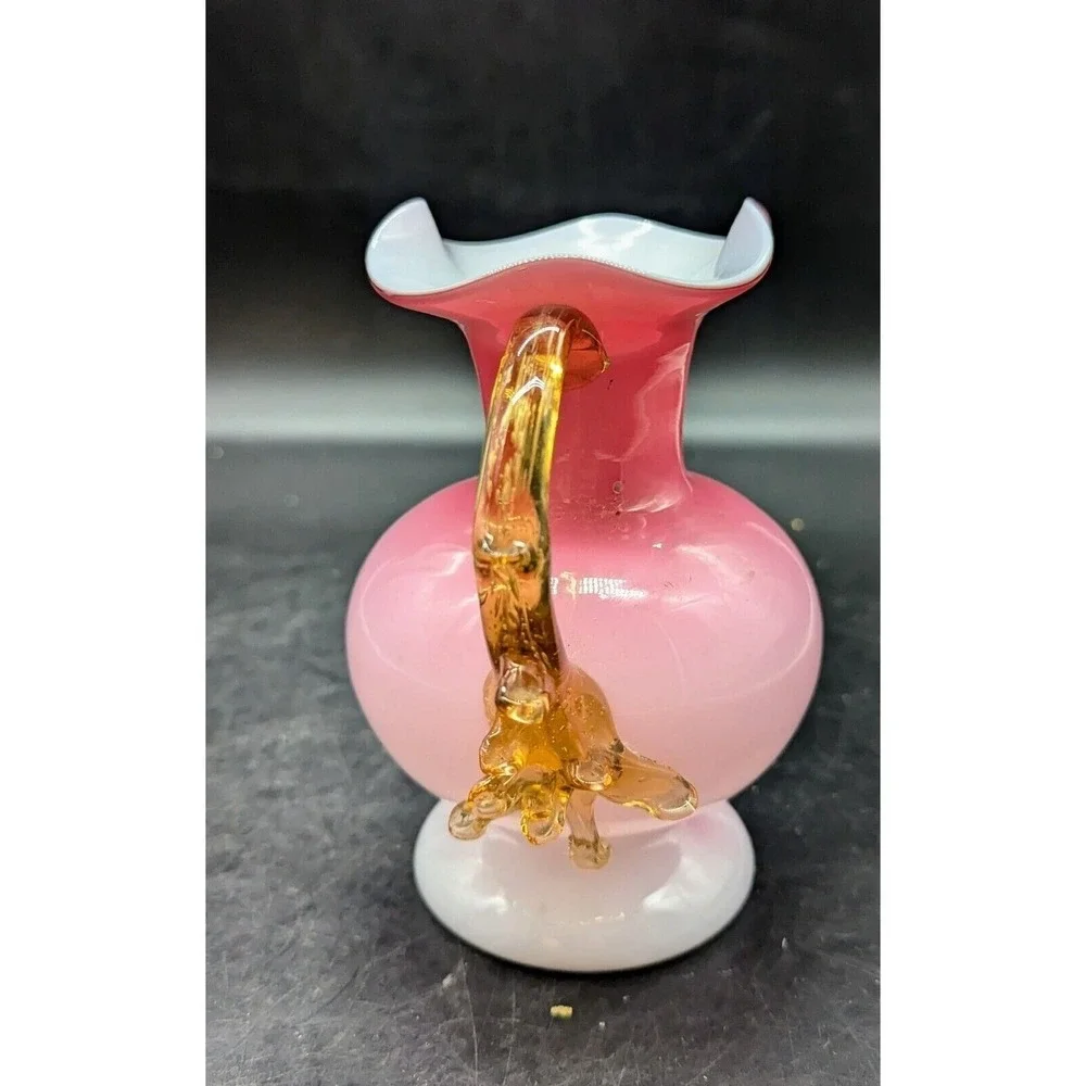 Stevens Williams Cased Peachblow Cranberry Glass Pitcher Thorn Amber Handle 5.75